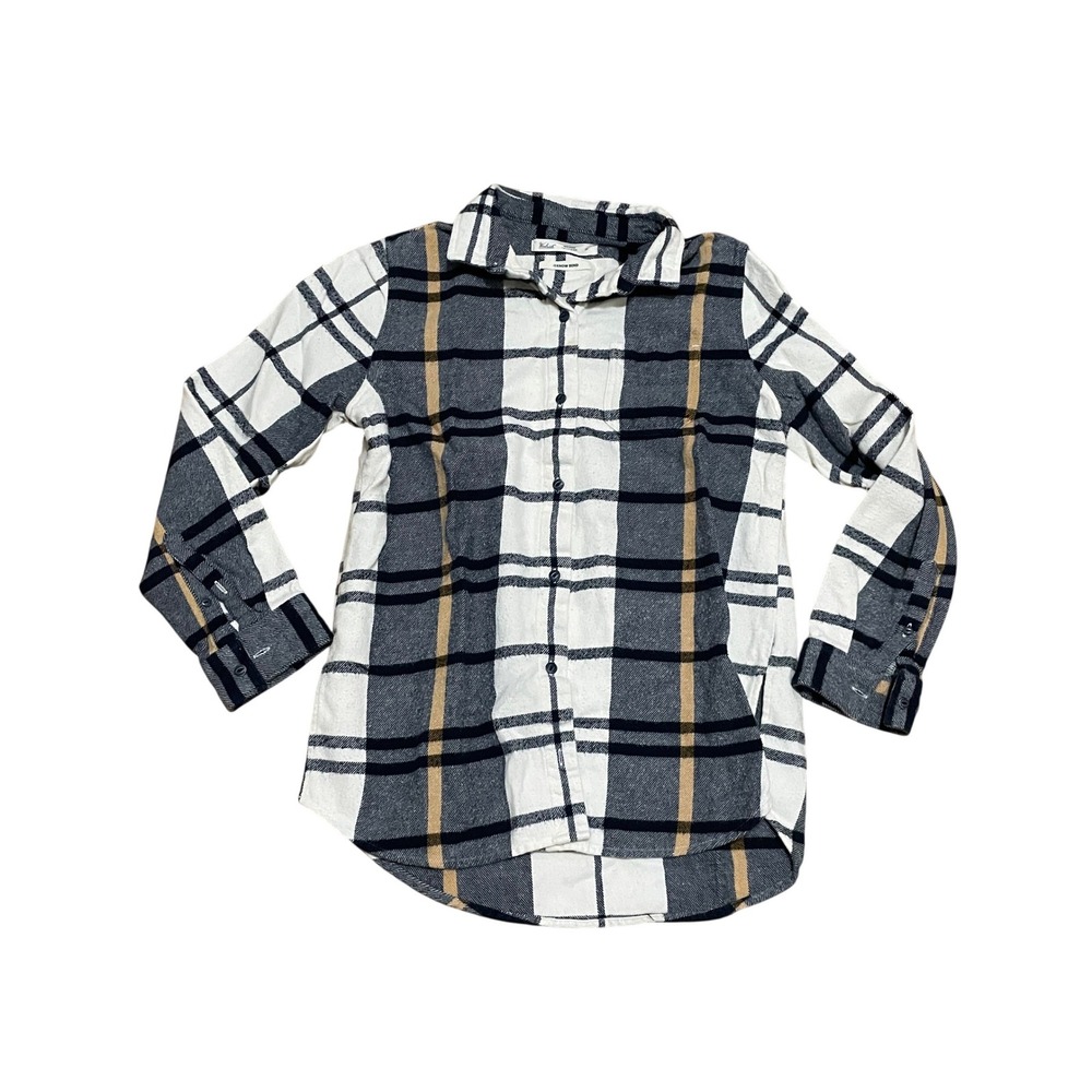Woolrich Women's Small Oxbow Bend Flannel Shirt Plaid Organic Cotton Ivory Navy